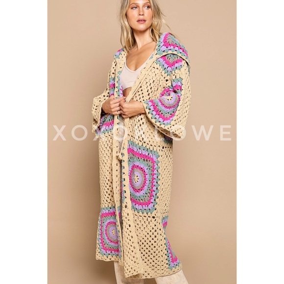 POL Tan & Lavender Crochet Granny Square Chenille Long Cardigan Relaxed Fit - Picture 5 of 13